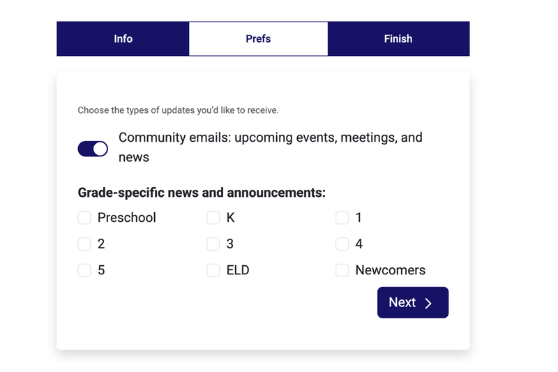 Contact signup form on a Big Nest site