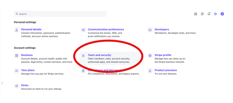 stripe.com settings page